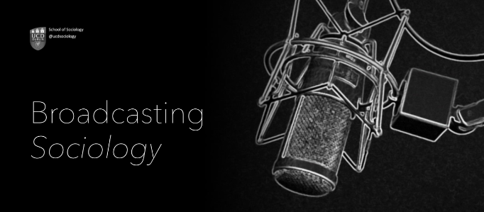 Studio microphone beside text 'broadcasting sociology'